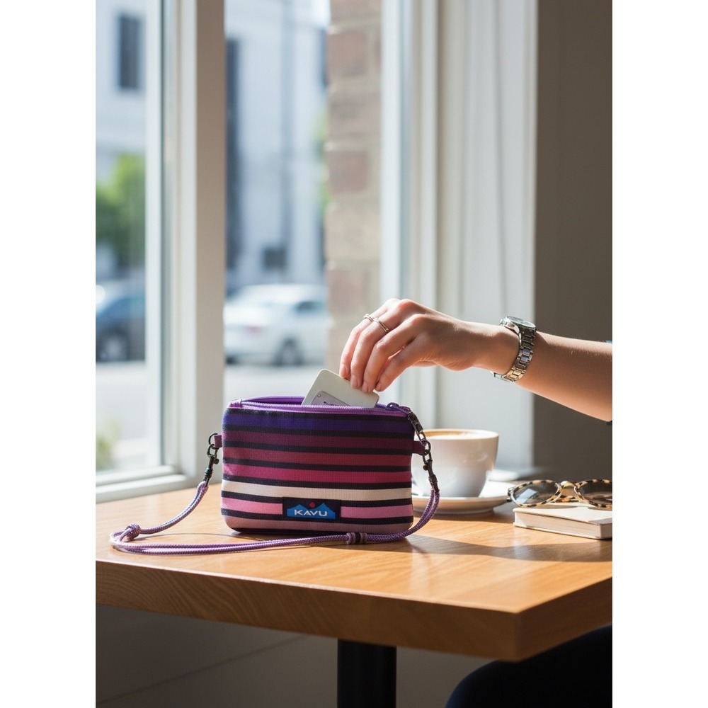 KAVU Wally Wallet Crossbody Pouch Bag Purple Striped Canvas Rope Strap 9221-1473